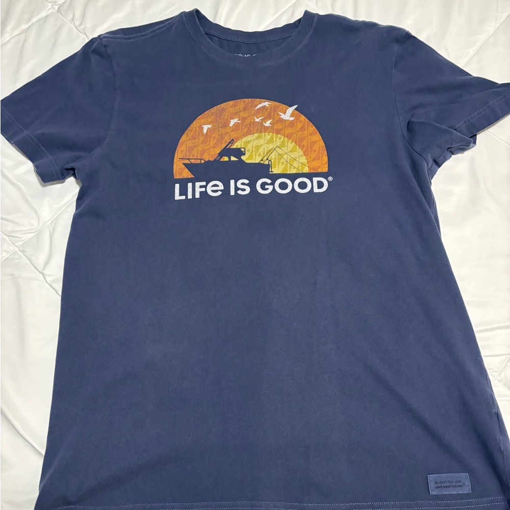 Life Is Good Blue T-Shirt with Orange Graphic Size S
